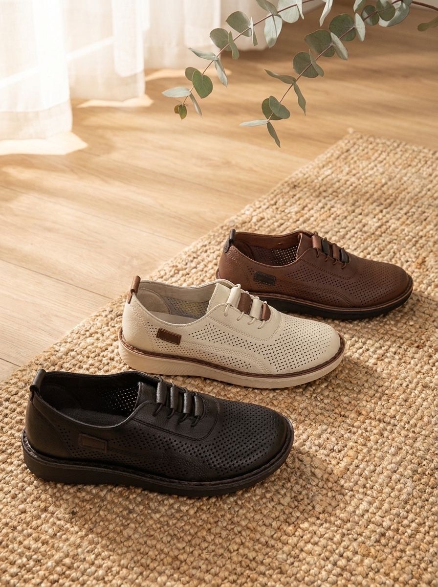 Comparativa: zapatos sobre suelo de almacén frente a escena lifestyle de catálogo